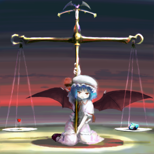 tsubasa (abchipika), remilia scarlet, touhou, lowres, 1girl, balancing, bat wings, blue hair, female focus, hat, looking at viewer, oekaki, red eyes, short hair, sitting, solo, weighing scale, wings