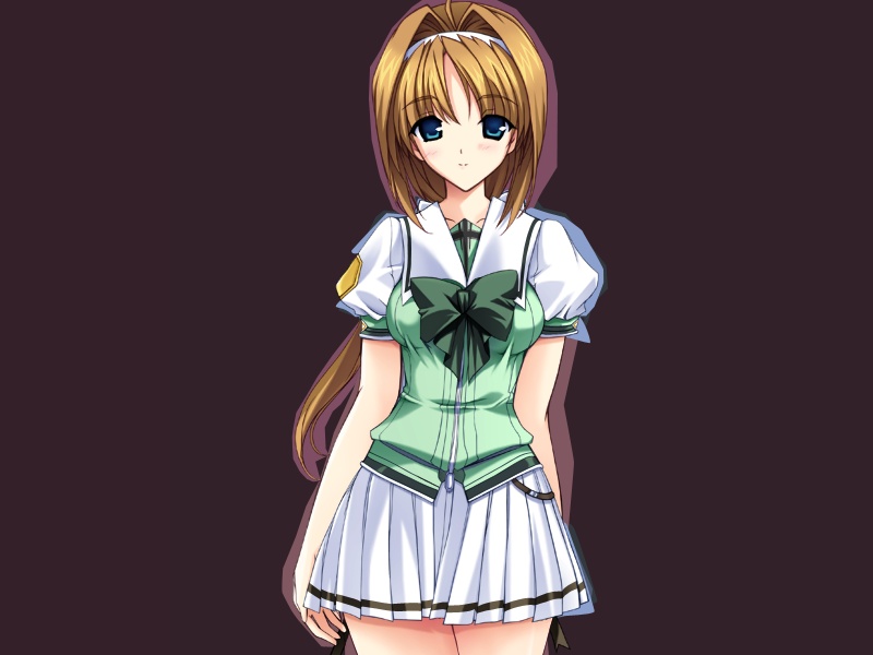 onigirikun, takamori haruka, choukou (alicesoft), choukou sennin haruka, game cg, 00s, 1girl, blue eyes, blush, bow, brown hair, female focus, hairband, headband, long hair, ponytail, school uniform, serafuku, simple background, solo