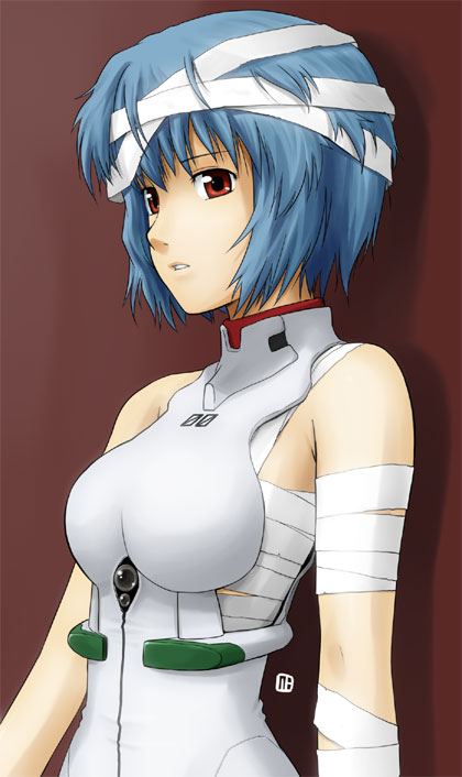 nagian, ayanami rei, neon genesis evangelion, bandages, blue hair, mecha pilot suit, pale skin, plugsuit (evangelion), red eyes, sarashi, short hair, solo