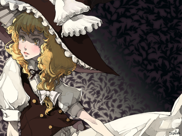 isuzu, isuzu (uzushi), kirisame marisa, touhou, 1girl, blonde hair, bow, female focus, hair bow, hat, short sleeves, solo, witch hat, yellow eyes