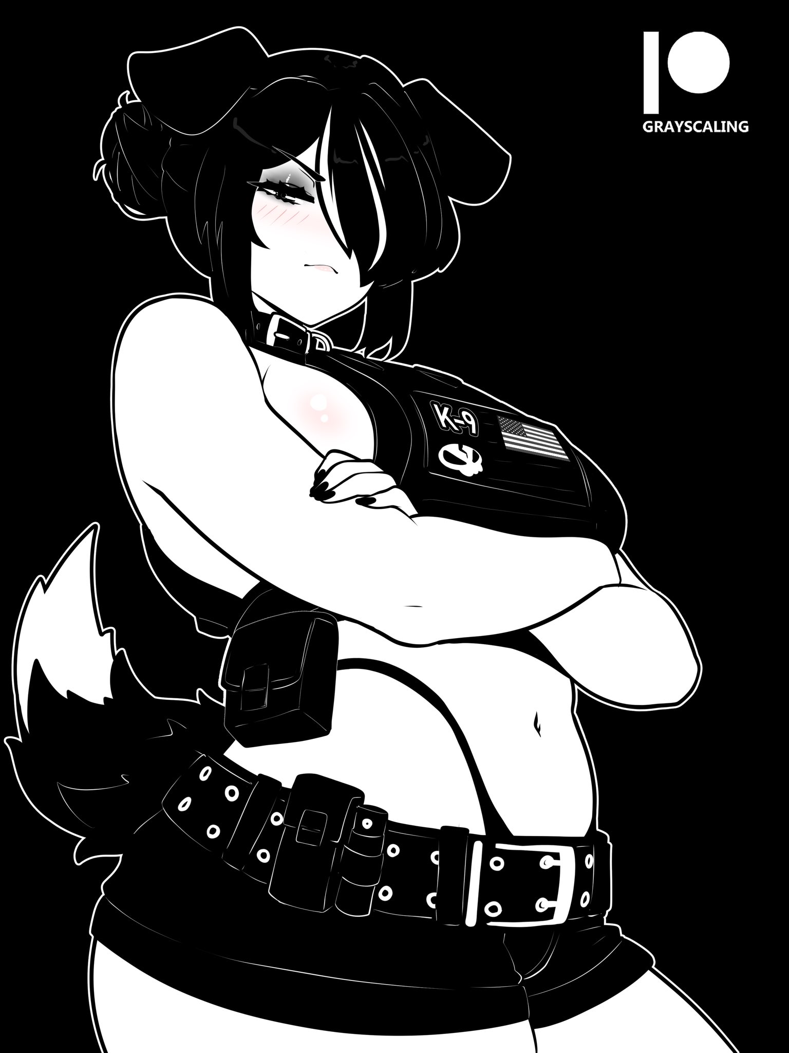 gray scaling, character request, commentary, copyright request, english commentary, highres, 1girl, american flag, animal ears, artist name, belt, black background, blush, breasts, closed mouth, collar, cowboy shot, crossed arms, half-closed eyes, large breasts, looking at viewer, navel, outline, patreon logo, short shorts, shorts, solo, tail, thick thighs, thighs, white outline