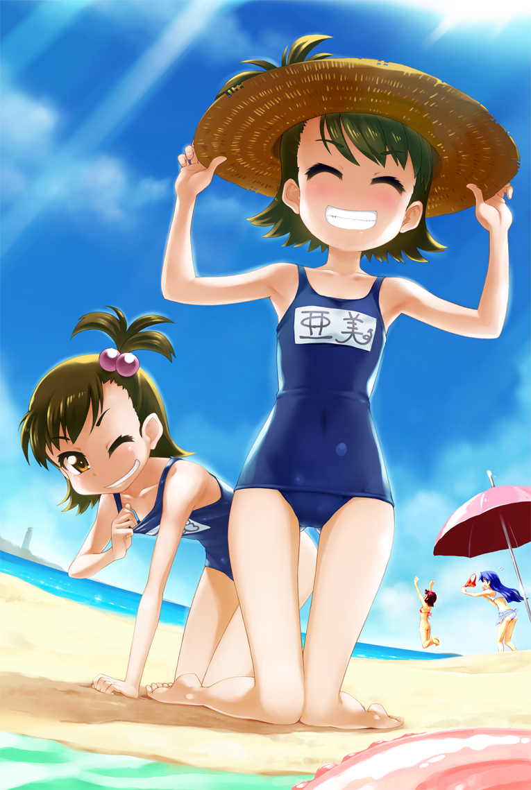 nanakorobi, amami haruka, futami ami, futami mami, kisaragi chihaya, idolmaster, idolmaster (classic), 00s, 4girls, barefoot, beach, bikini, black hair, blue hair, bottomless, day, feet, female focus, flipped hair, hair bobbles, hair ornament, hat, innertube, multiple girls, name tag, no panties, one-piece swimsuit, one eye closed, panties, parasol, school swimsuit, siblings, sisters, straw hat, swim ring, swimsuit, thigh gap, twins, umbrella, underwear, wink