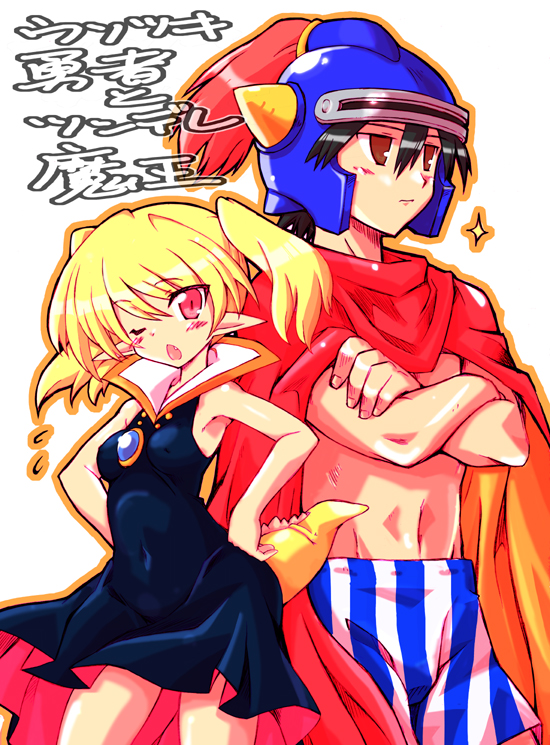 hata (transistor baby), dragon lord, hero (dq1), chunsoft, dragon quest, dragon quest i, 1980s (style), character request, copyright request, gender request, translation request, 1boy, 1girl, ;o, black dress, blonde hair, blush, brooch, cape, collar, contrapposto, cowboy shot, crossed arms, dress, expressionless, gem, genderswap, hair between eyes, hand on own hip, height difference, jewelry, jitome, looking at viewer, midriff, navel, oldschool, one eye closed, open mouth, pointy ears, red eyes, short hair, short twintails, sparkle, standing, stomach, twintails