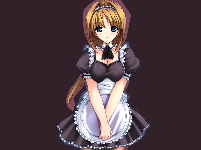 onigirikun, takamori haruka, choukou (alicesoft), choukou sennin haruka, game cg, 00s, 1girl, apron, blue eyes, blush, breasts, brown hair, choker, cleavage, female focus, frills, hairband, headband, large breasts, long hair, maid, maid apron, ponytail, simple background, solo, waitress