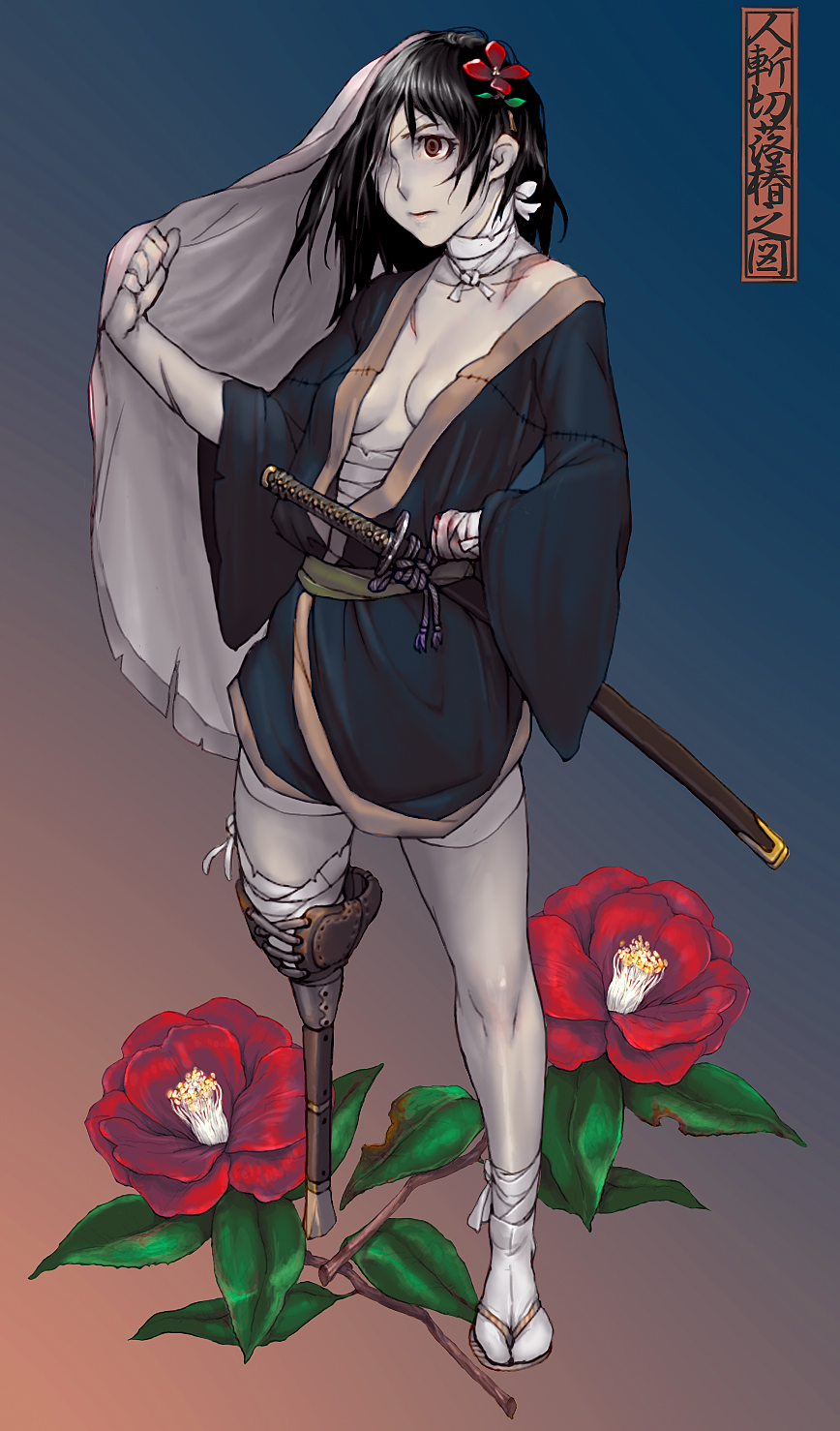 maruyama rui, original, looking away, highres, 1girl, amputee, bandaged hand, bandaged neck, bandages, black hair, breasts, brown eyes, camellia, clenched hand, expressionless, female focus, flower, full body, gradient background, hair flower, hair ornament, hair over one eye, haori, japanese clothes, katana, no bra, open clothes, pale skin, prosthesis, samurai, sandals, sarashi, sash, scabbard, scar, sheath, sheathed, solo, standing, stitches, sword, tabi, veil, weapon