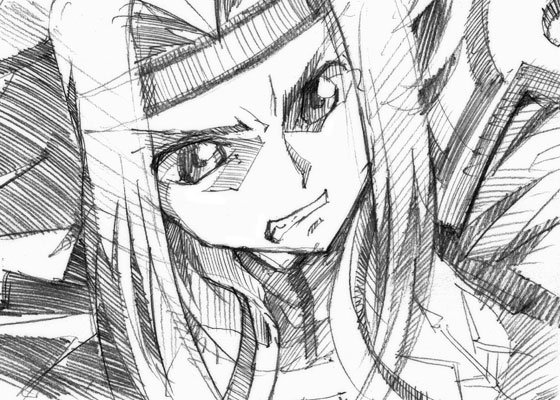 gofu, kouzuki kallen, code geass, traditional media, 00s, greyscale, monochrome, sketch, solo