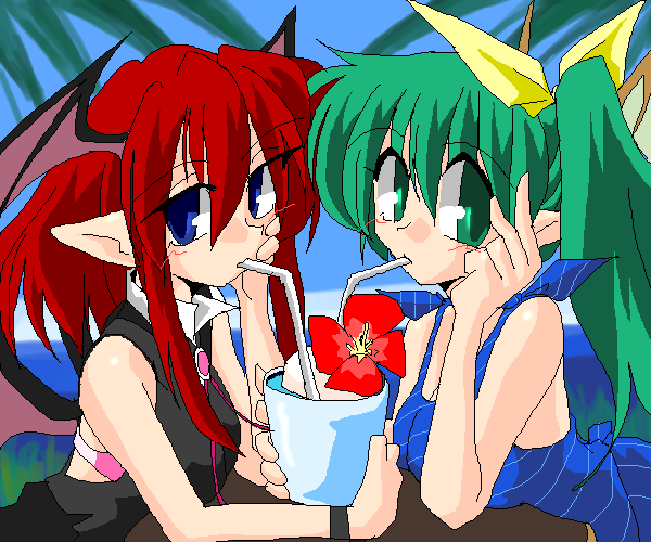 kieyza, kiezya, daiyousei, koakuma, embodiment of scarlet devil, touhou, 2girls, drink, female focus, green hair, head wings, multiple girls, ocean, oekaki, outdoors, plant, pointy ears, red hair, sky, tree, upper body, wings