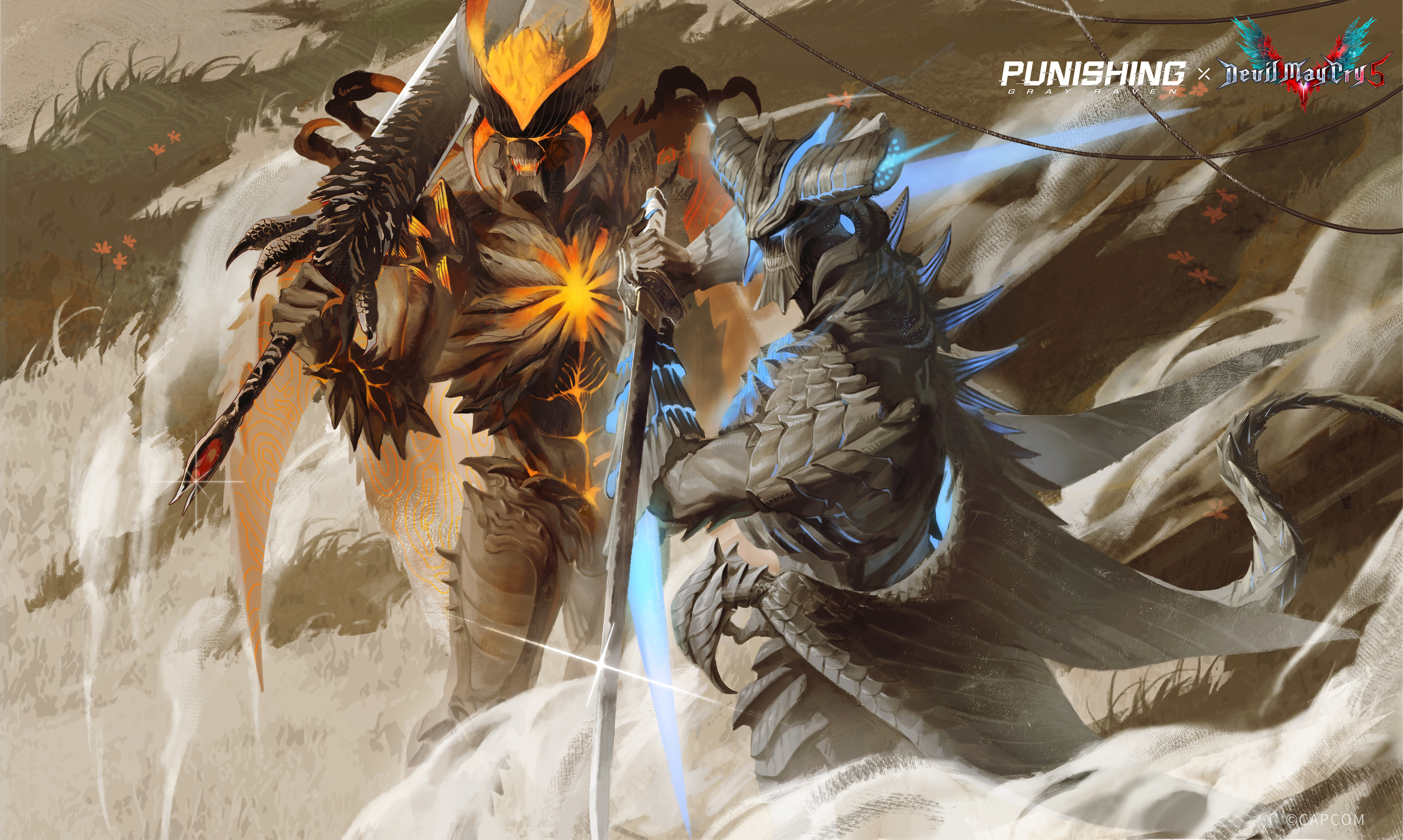 dante (devil may cry), devil may cry (series), devil may cry 5, punishing: gray raven, absurdres, highres, official art, 2boys, alternate form, blue eyes, claws, demon, demon boy, demon horns, demonic creature, devil sword dante, devil trigger, energy horns, flaming horns, glowing, glowing chest, glowing eyes, glowing mouth, glowing nails, glowing wings, holding, holding sword, holding weapon, horns, male focus, multiple boys, multiple wings, sin devil trigger, sword, weapon, wings, yamato (sword)