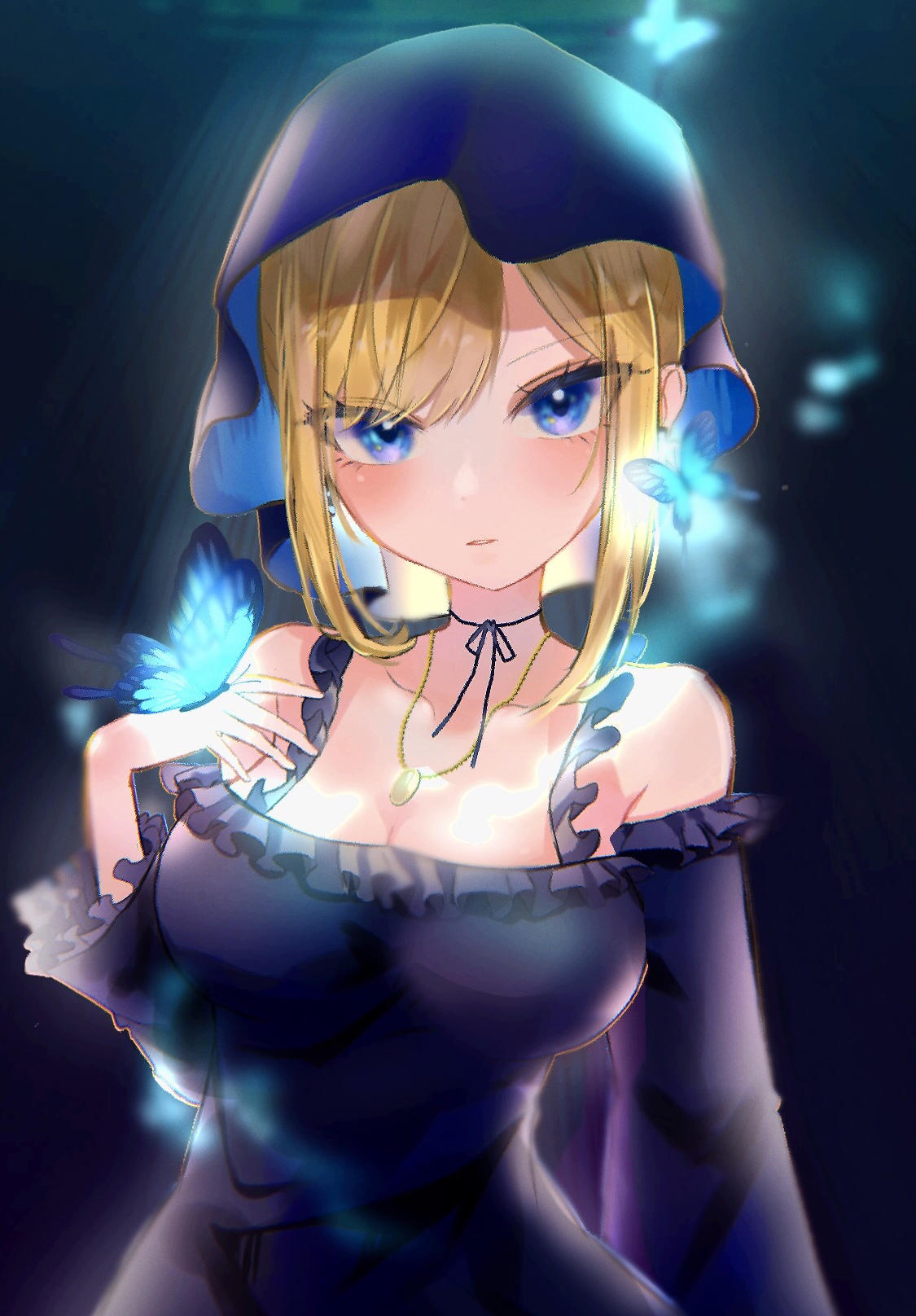 en (o0), alice lendrott, shinigami bocchan to kuro maid, commentary request, highres, 1girl, bare shoulders, black dress, black veil, blonde hair, blue butterfly, blue eyes, breasts, bug, butterfly, butterfly on hand, choker, closed mouth, dress, insect, jewelry, large breasts, locket, looking at viewer, necklace, pendant, ribbon choker, sidelocks, solo, swept bangs, upper body, veil