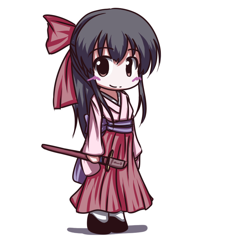 fictional sister, shinguuji sakura, sakura taisen, 00s, 1girl, black hair, bow, brown hair, chibi, female focus, full body, geta, hair bow, hakama, hakama skirt, holding, holding sword, holding weapon, japanese clothes, long sleeves, looking at viewer, miko, okobo, pink bow, platform sandals, red bow, red hakama, sandals, sheath, sheathed, short hair, sidelocks, simple background, skirt, solo, standing, sword, weapon, white background