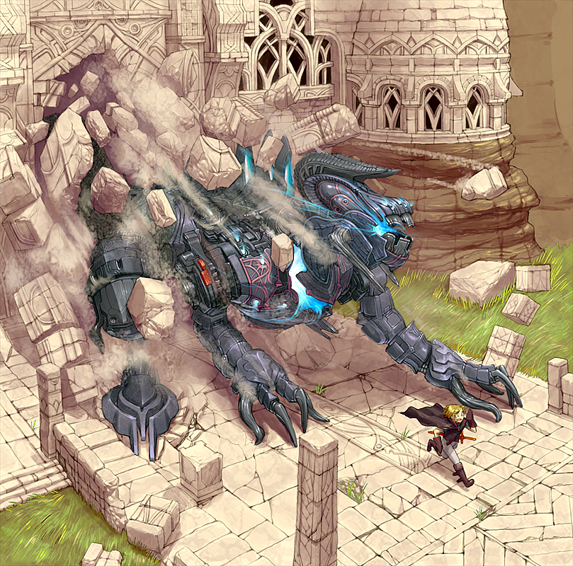 maruyama rui, original, 1boy, dragon, mecha, robot, ruins, running, you gonna get raped
