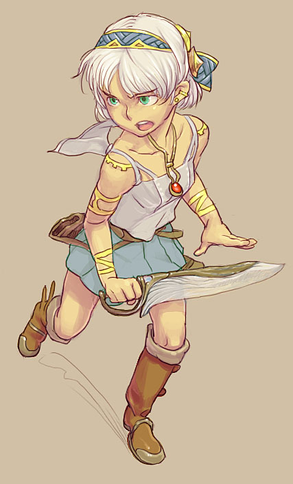 maruyama rui, original, boots, green eyes, knife, short hair, solo, sword, weapon, white hair