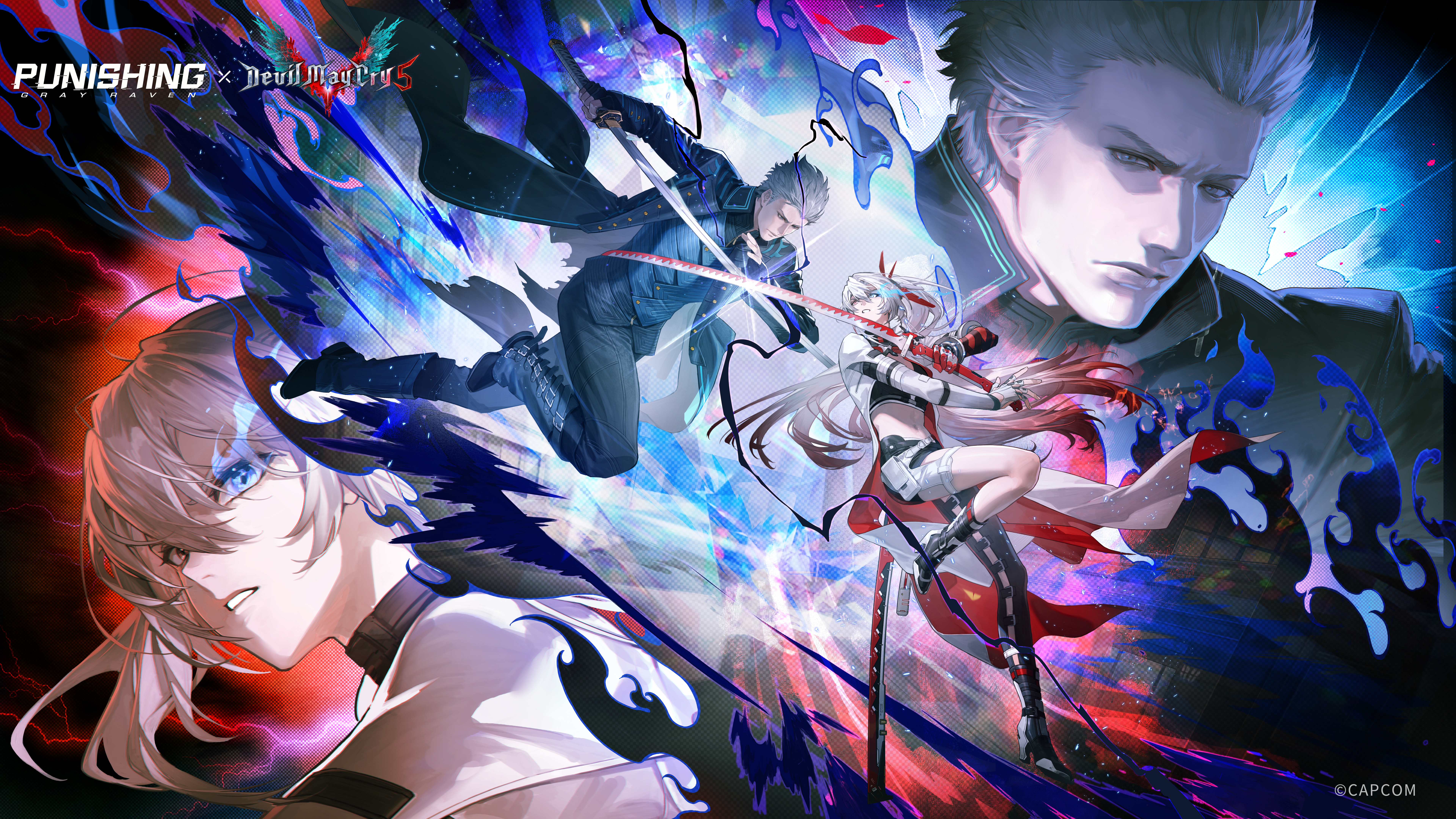 alpha: crimson weave (pgr), alpha (pgr), vergil (devil may cry), devil may cry (series), devil may cry 5, punishing: gray raven, absurdres, highres, official art, 1boy, 1girl, asymmetrical legwear, black coat, blue eyes, blue fire, broken glass, coat, crossed swords, crossover, fighting stance, fingerless gloves, fire, full body, glass, gloves, hair between eyes, heterochromia, holding, holding sword, holding weapon, lightning, long hair, red eyes, sword, very long hair, weapon, white coat, white hair, yamato (sword)
