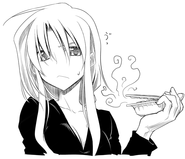 himura kiseki, archerko (himura kiseki), fate testarossa, fate/stay night, fate (series), lyrical nanoha, mahou shoujo lyrical nanoha, >:<, 00s, 1girl, :<, closed mouth, female focus, food, greyscale, looking at viewer, monochrome, nattou, smell, solo, v-shaped eyebrows