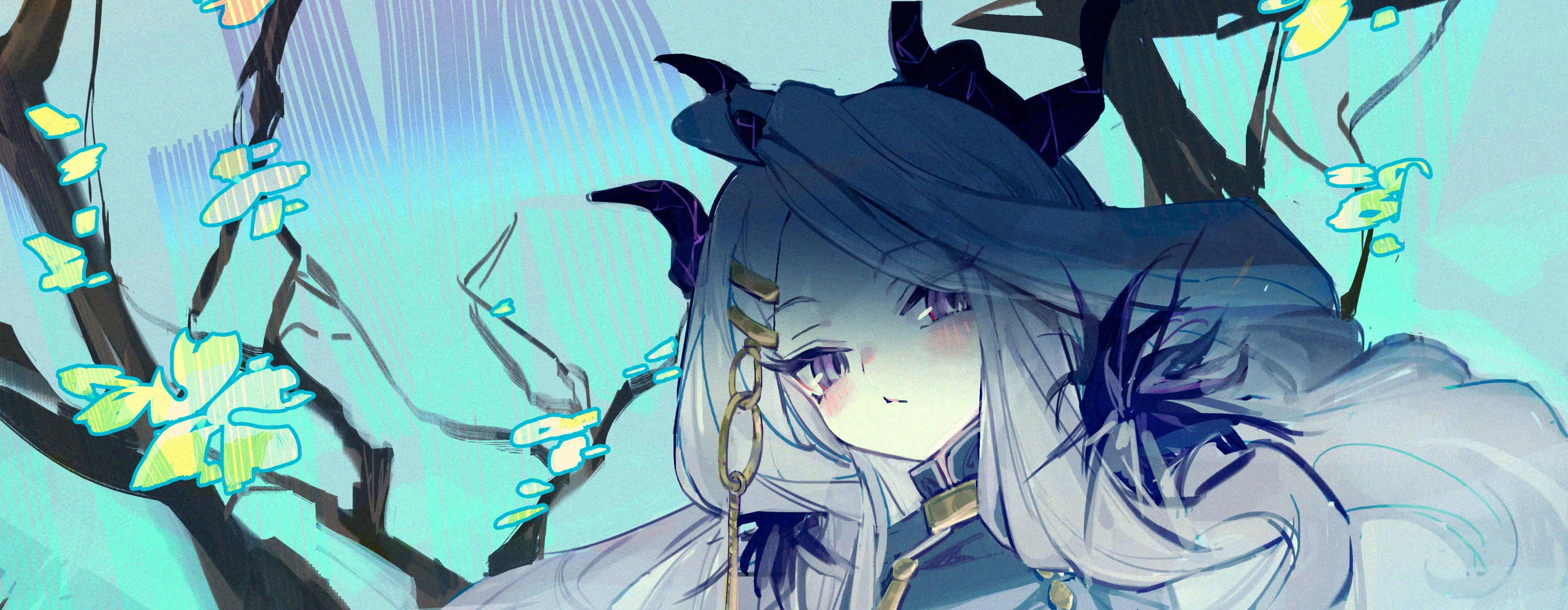 iomywaifu, hina (blue archive), blue archive, absurdres, highres, 1girl, ahoge, black halo, dress, halo, long hair, looking at viewer, purple dress, purple eyes, solo, tree, white hair
