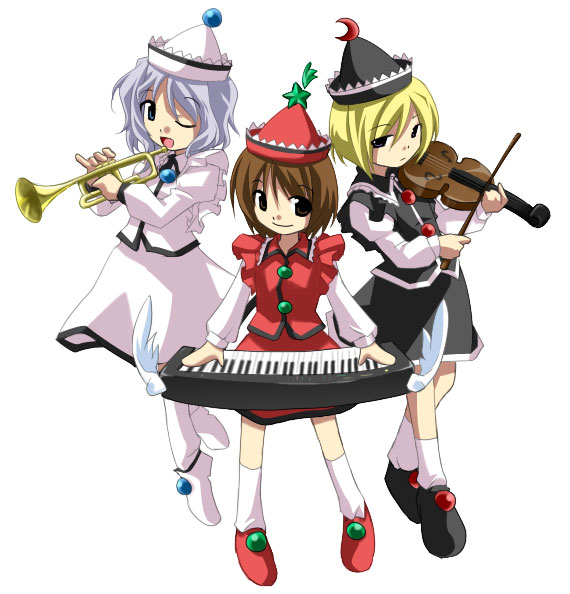 kusanagi, kusanagi (noi's), lunasa prismriver, lyrica prismriver, merlin prismriver, touhou, bad id, bad pixiv id, 3girls, blonde hair, female focus, hat, instrument, keyboard, keyboard (instrument), multiple girls, siblings, sisters, trumpet, violin
