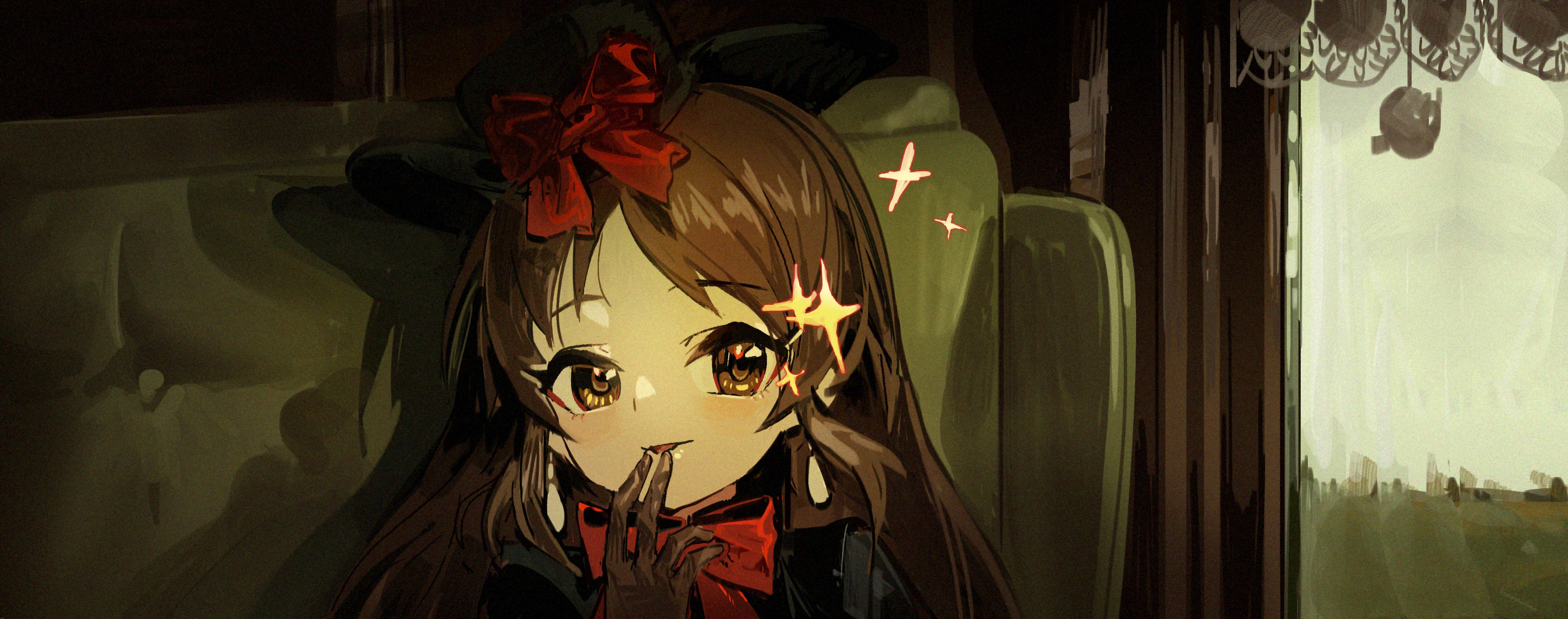 iomywaifu, tachibana arisu, idolmaster, idolmaster cinderella girls, absurdres, highres, 1girl, black gloves, brown eyes, brown hair, gloves, indoors, long hair, looking at viewer, red ribbon, ribbon, solo, sparkle