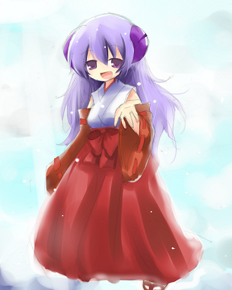 yuzuki (yuduame), hanyuu, higurashi no naku koro ni, 00s, 1girl, :d, detached sleeves, female focus, geta, hairpods, hakama, hakama short skirt, hakama skirt, japanese clothes, kimono, long hair, looking at viewer, open mouth, red hakama, red skirt, sandals, simple background, skirt, smile, socks, solo, tabi, white background, white socks, zouri
