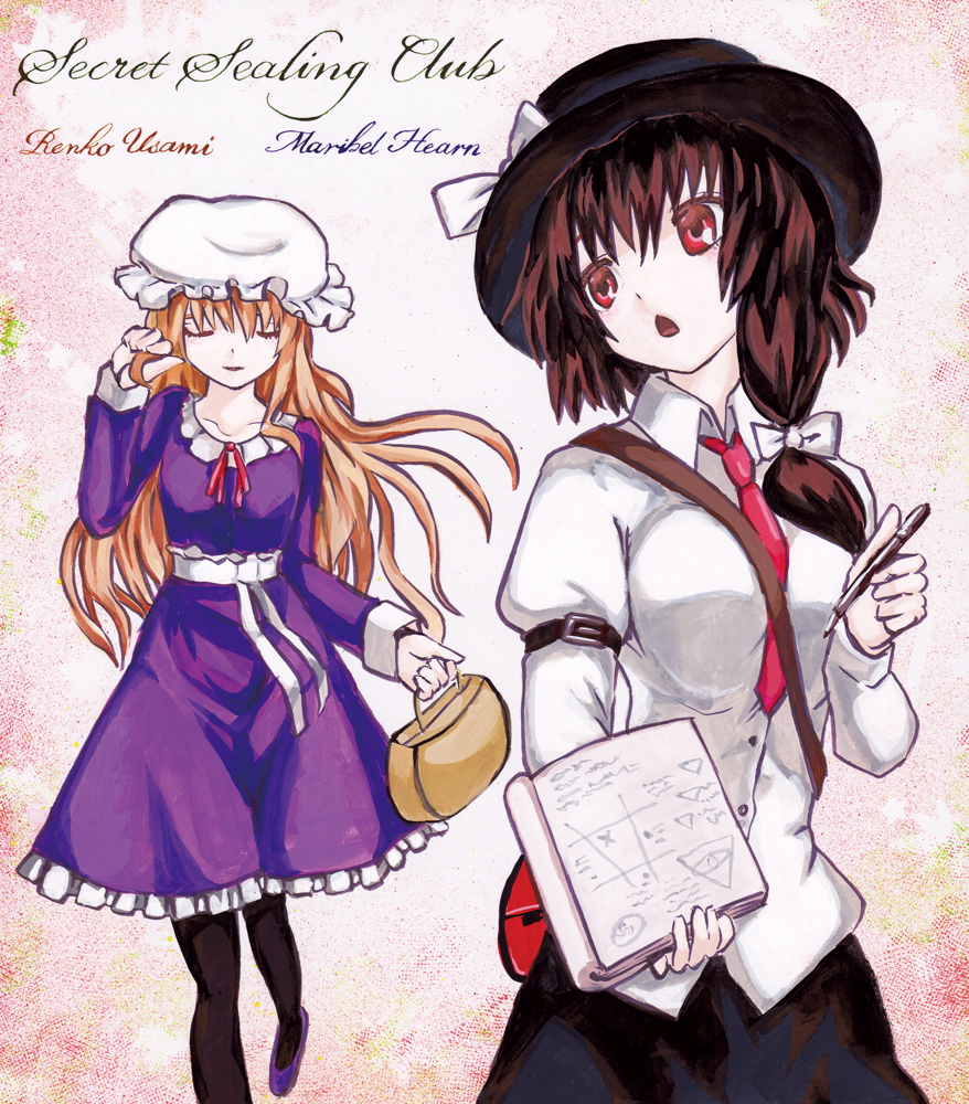 kabaji, maribel hearn, usami renko, touhou, traditional media, 2girls, arm garter, bag, black leggings, black skirt, book, bow, bowtie, breasts, brown hair, carrying over shoulder, closed eyes, dress, fedora, hair ribbon, hand in own hair, hat, hat bow, holding, holding bag, holding book, holding pen, leggings, long hair, medium breasts, mob cap, multiple girls, necktie, open mouth, pen, purple dress, red bow, red bowtie, red eyes, ribbon, sash, shirt, shoes, simple background, skirt, white shirt