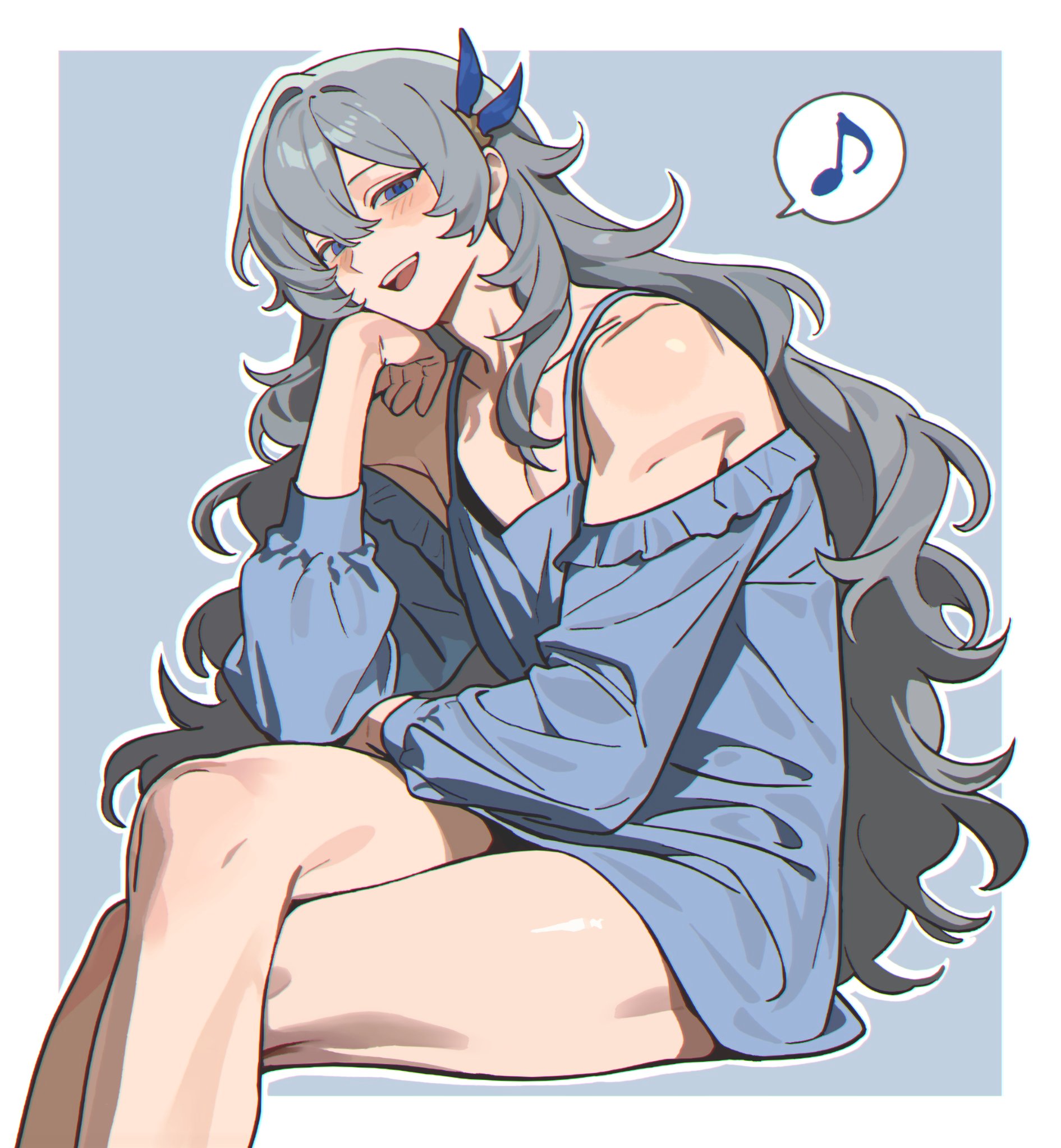 past desiderium, argalia (project moon), project moon, highres, 1boy, bare shoulders, blue eyes, crossdressing, crossdressing (mtf), grey hair, head rest, knees, long hair, looking at viewer, male focus, musical note, open mouth, smile, solo, spoken musical note, thighs, toned, toned male, trap