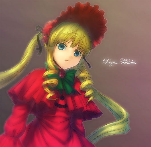 shouhei, shinku, rozen maiden, 00s, 1girl, :o, blonde hair, blush, bonnet, bow, bowtie, brown background, capelet, dress, drill hair, female focus, frills, green bow, green bowtie, green eyes, looking at viewer, parted lips, red dress, sidelocks, simple background, solo, twin drills, twintails