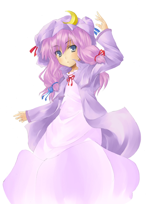 teru teru, patchouli knowledge, touhou, bad id, bad pixiv id, 1girl, female focus, hat, long hair, ribbon, simple background, solo, standing, white background