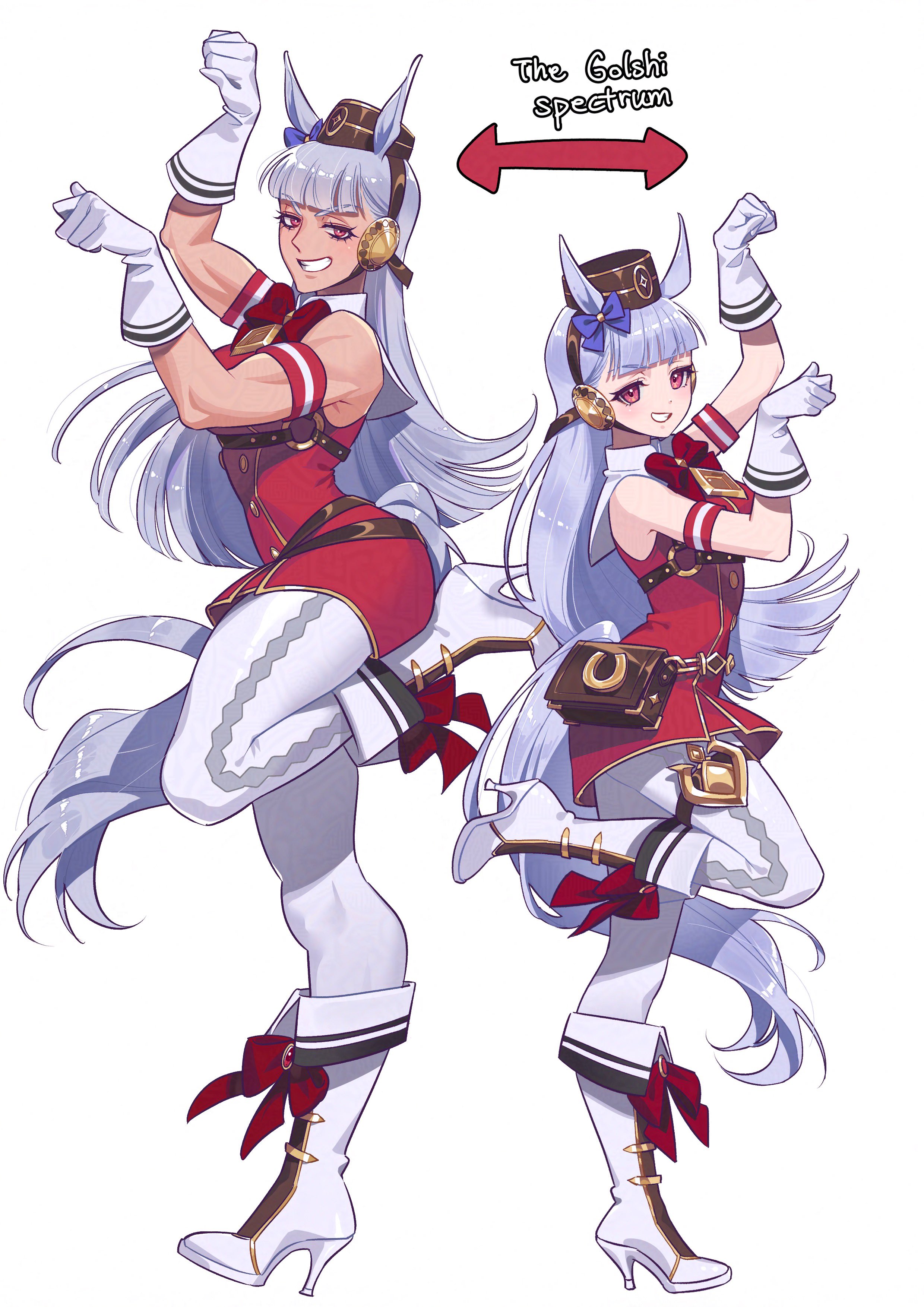dizim, gold ship (umamusume), umamusume, absurdres, commentary, english commentary, highres, 1girl, animal ears, boots, bow, brown hat, clenched teeth, dark-skinned female, dark skin, dress, ear bow, ear covers, gloves, grey hair, hat, high heel boots, high heels, horse ears, horse girl, horse tail, leg up, long hair, pantyhose, pillbox hat, red dress, red eyes, simple background, sleeveless, sleeveless dress, tail, teeth, toned, toned female, white background, white boots, white gloves, white pantyhose
