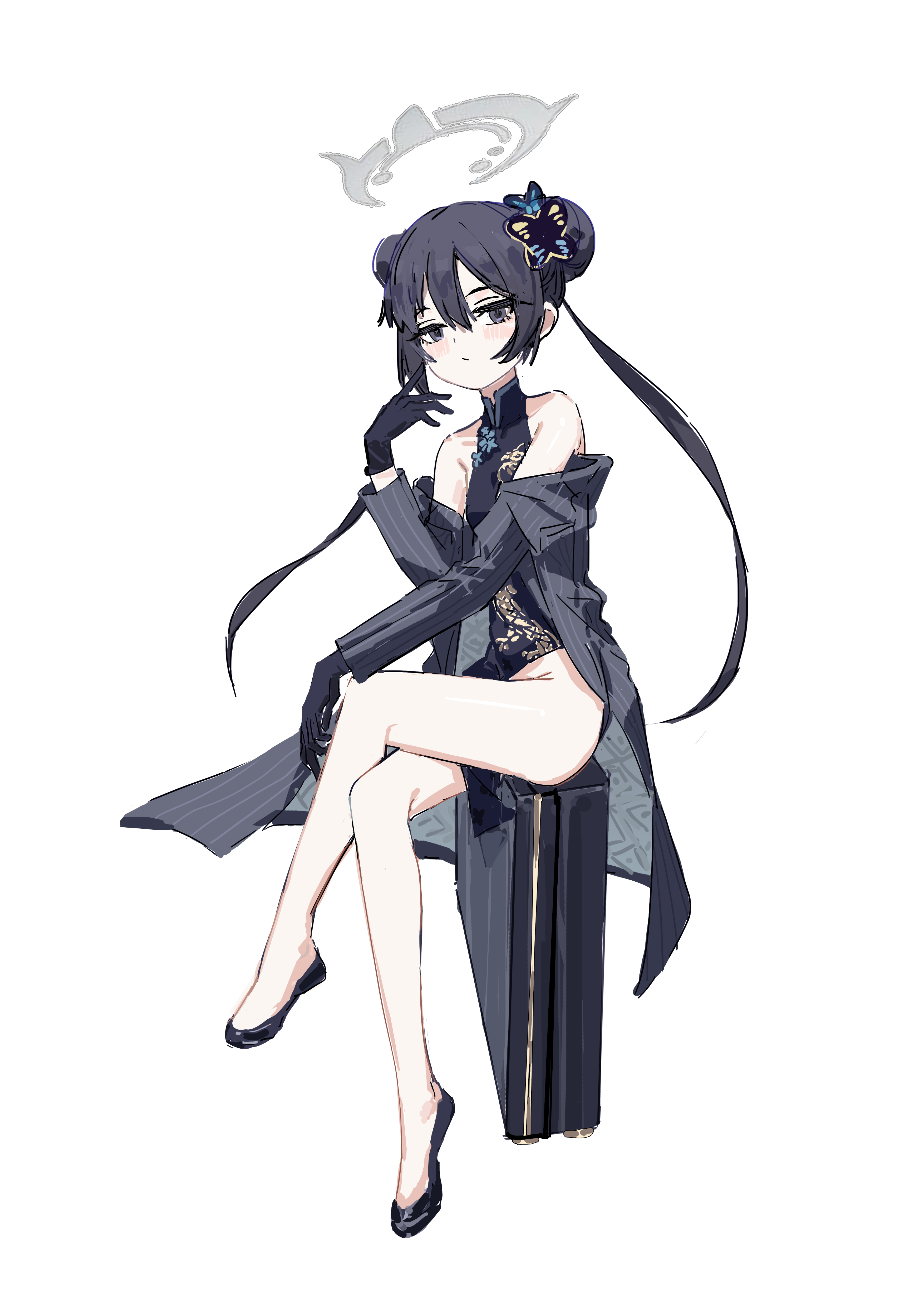 iomywaifu, kisaki (blue archive), blue archive, absurdres, commentary, highres, 1girl, black hair, breasts, butterfly hair ornament, china dress, chinese clothes, double bun, dress, full body, grey halo, hair bun, hair ornament, halo, long hair, off shoulder, simple background, sitting, small breasts, solo, white background