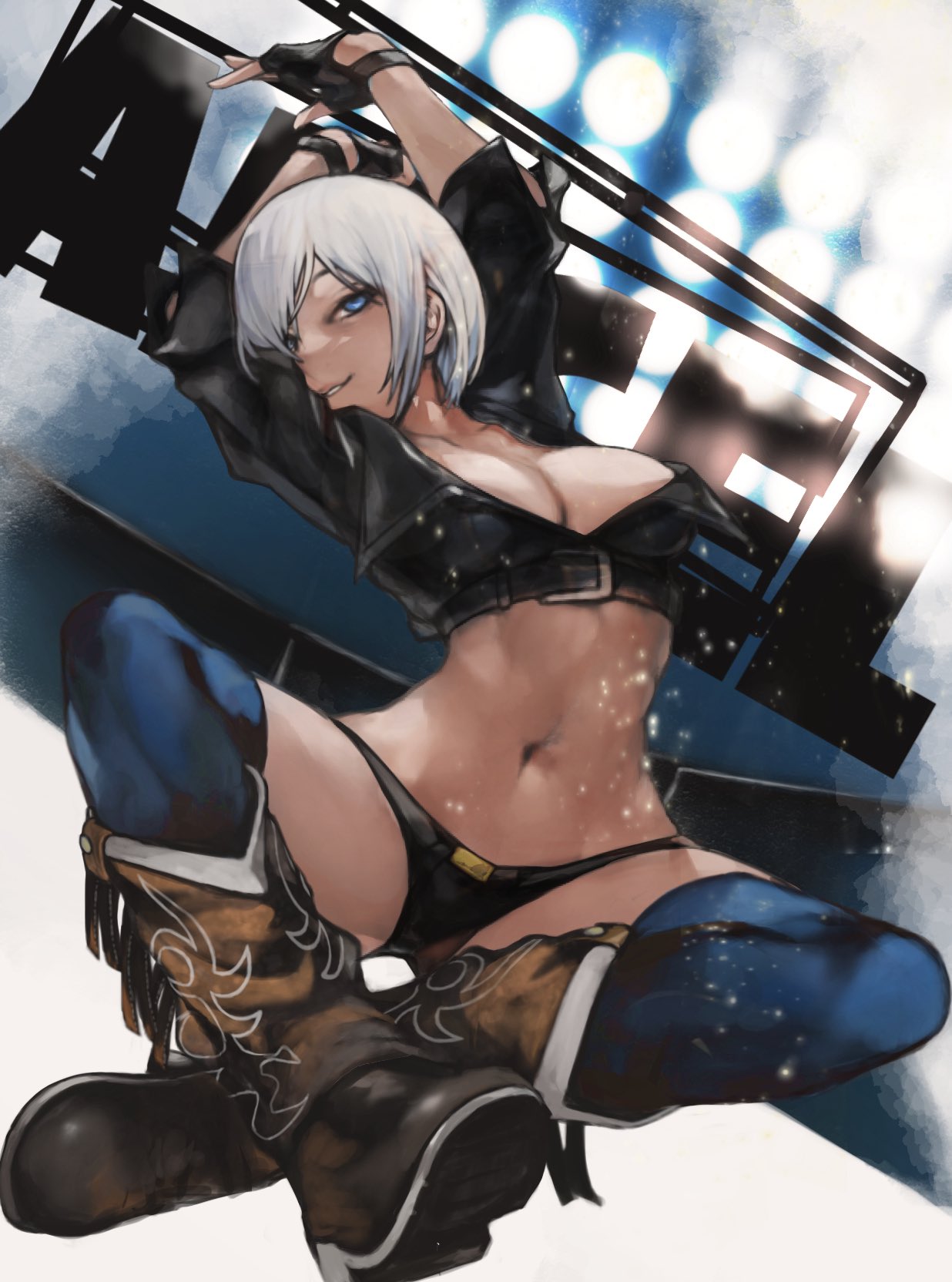 nyami, angel (kof), snk, the king of fighters, the king of fighters xiv, highres, 1girl, backless pants, blue eyes, boots, bra, breasts, chaps, cleavage, cowboy boots, crop top, cropped jacket, fingerless gloves, gloves, hair over one eye, jacket, large breasts, leather, leather jacket, looking at viewer, midriff, navel, panties, pants, short hair, smile, solo, strapless, strapless bra, toned, toned female, underwear, white hair