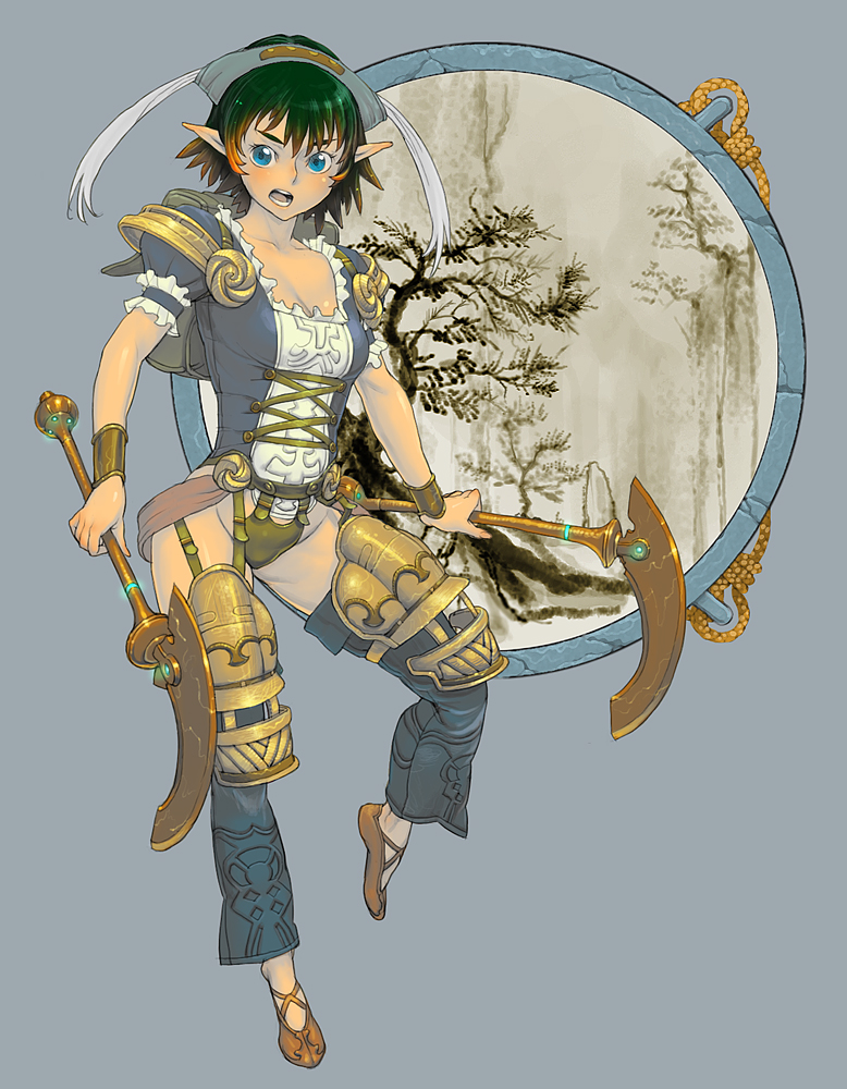 maruyama rui, original, 1girl, backpack, bag, blue eyes, elf, female focus, multicolored hair, pointy ears, randoseru, scythe, short hair, solo, weapon