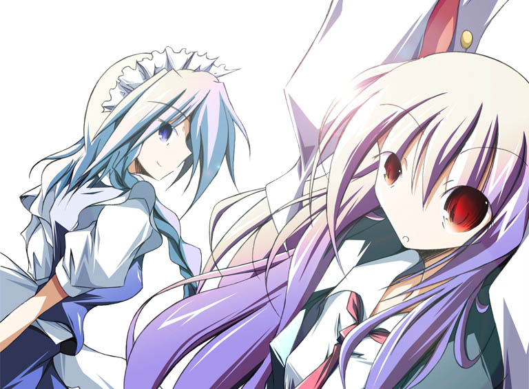 mashiroyu, izayoi sakuya, reisen udongein inaba, touhou, 2girls, animal ears, female focus, maid, multiple girls, rabbit ears, skirt, upper body, white background