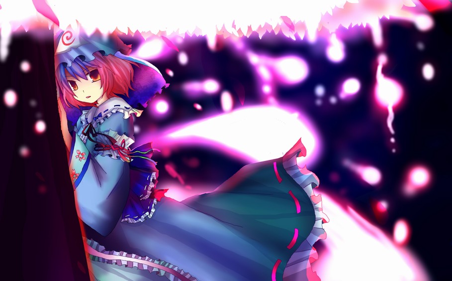 kazu (muchuukai), saigyouji yuyuko, touhou, bad id, bad pixiv id, 1girl, dress, female focus, ghost, glowing, gradient background, hat, japanese clothes, kimono, outdoors, ribbon, solo, standing