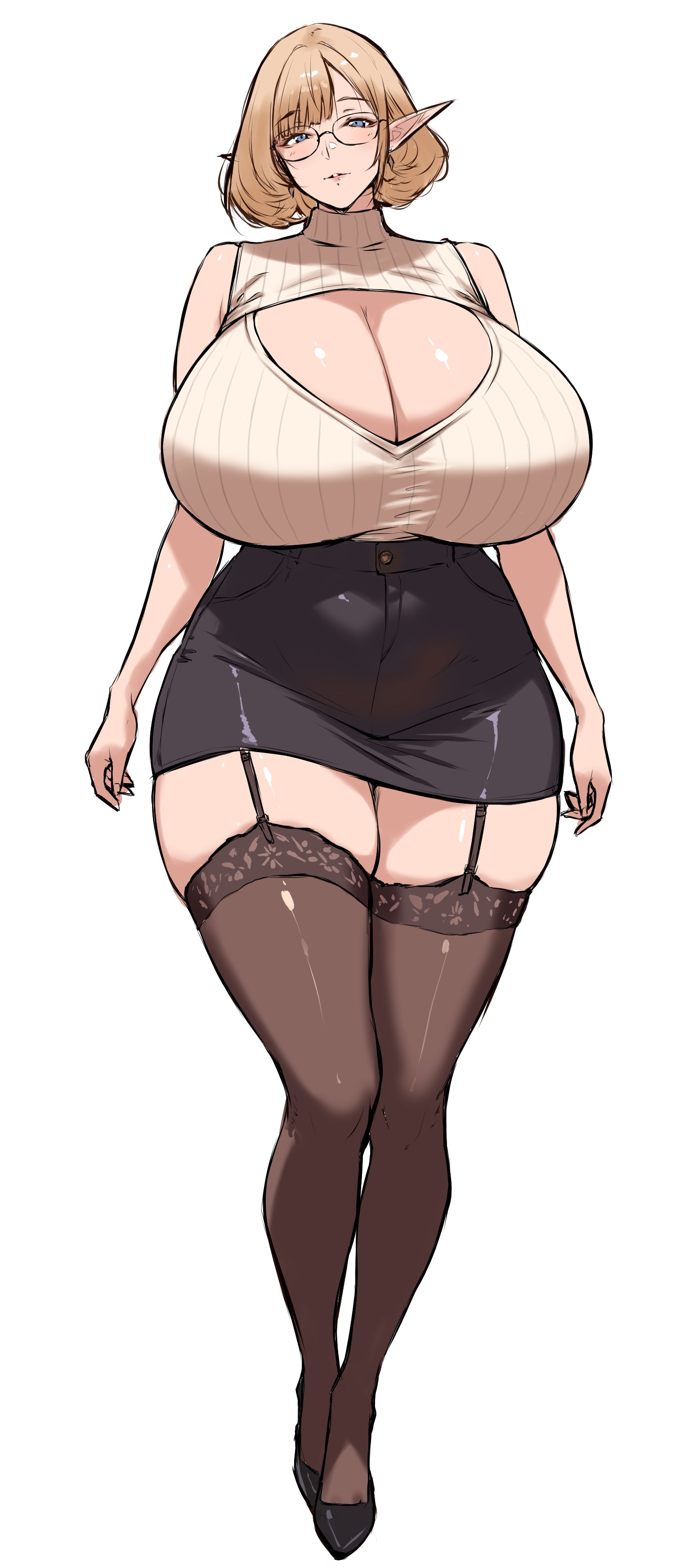 yui.h, original, absurdres, highres, 1girl, blush, bob cut, breasts, cleavage, cleavage window, curvy, elf, full body, gigantic breasts, glasses, head tilt, high heels, huge breasts, looking at viewer, parted lips, pencil skirt, plump, pointy ears, pumps, ribbed sweater, short hair, sidelocks, skindentation, skirt, sleeveless, sleeveless sweater, solo, standing, sweater, thick thighs, thighhighs, thighs, turtleneck, turtleneck sweater, white background, wide hips