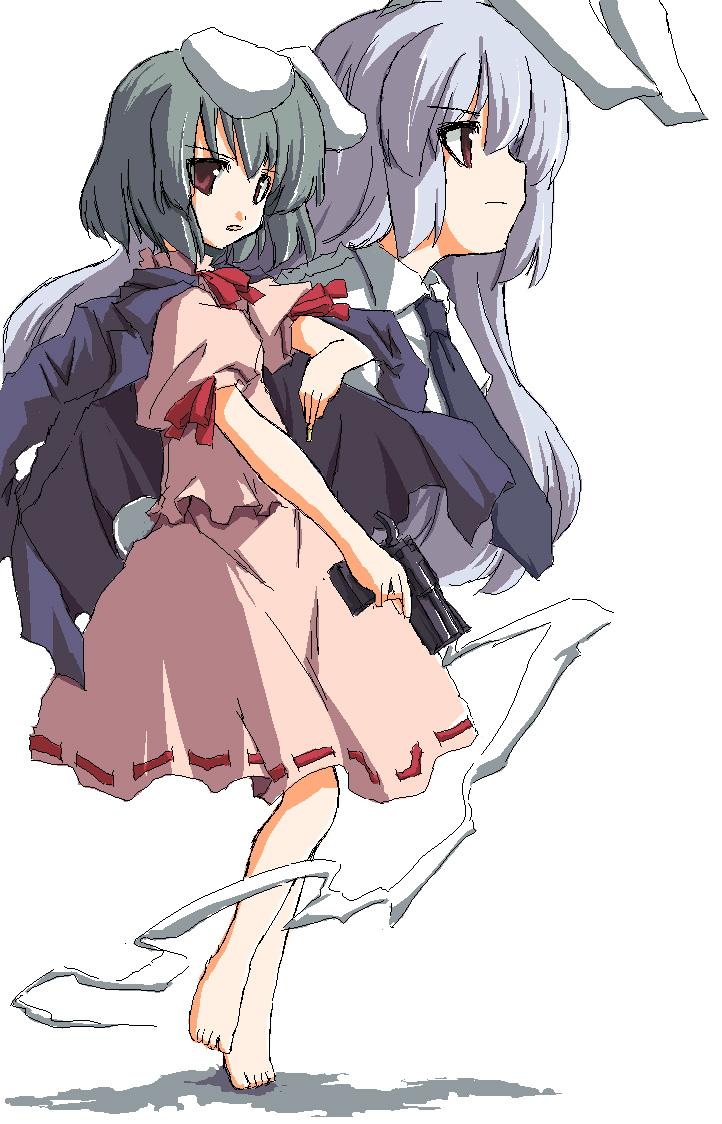 sakuraba yuuki, inaba tewi, reisen udongein inaba, touhou, 2girls, animal ears, female focus, full body, gun, multiple girls, rabbit ears, simple background, standing, weapon, white background