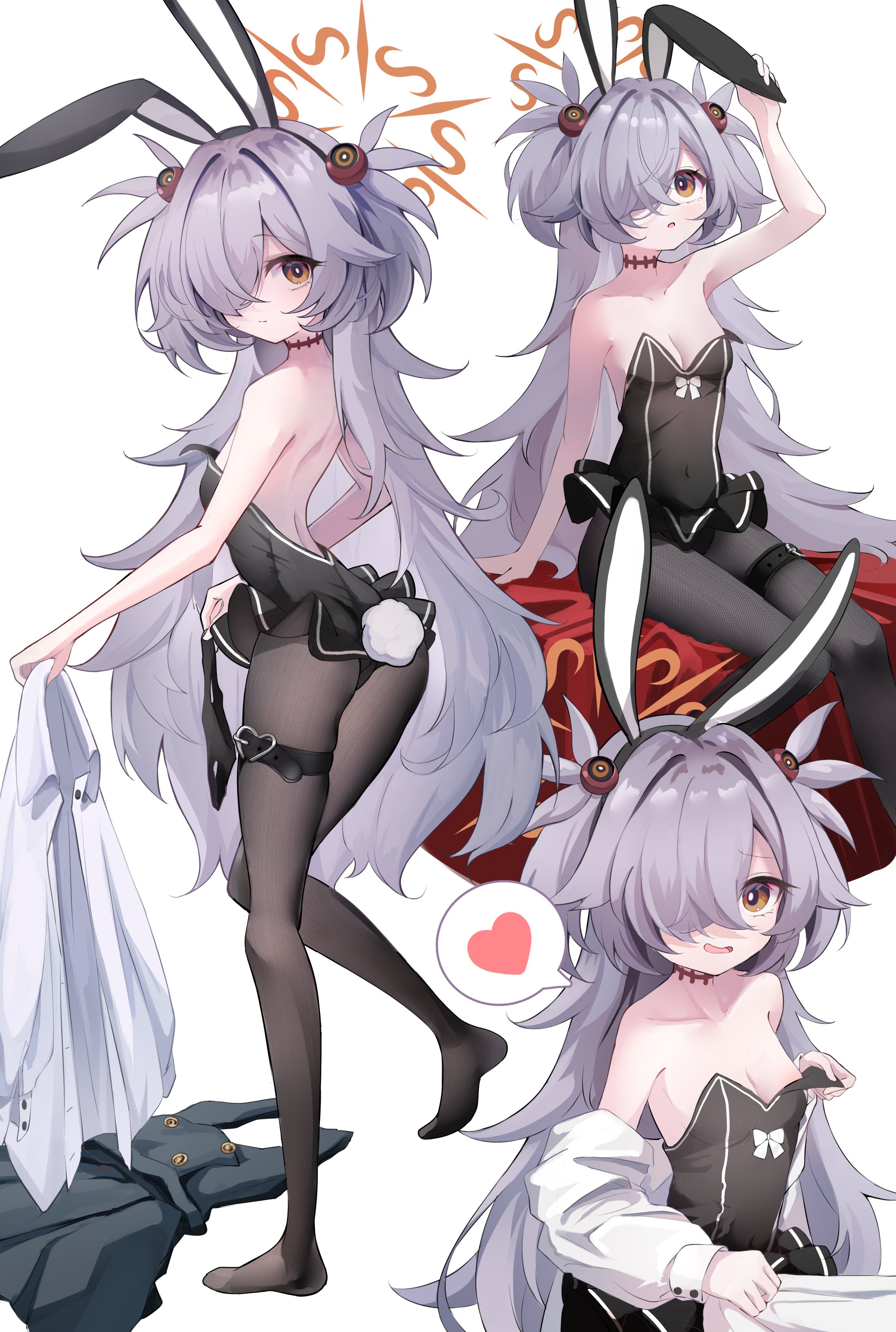 tomo (tomosa011326), kanoe (blue archive), blue archive, absurdres, commentary, highres, 1girl, :o, adjusting clothes, adjusting headwear, alternate costume, animal ears, arm at side, ass, backless leotard, bare arms, bare shoulders, black leotard, black pantyhose, breasts, brown eyes, brown halo, cleavage, collarbone, fake animal ears, grey hair, hair ornament, hair over one eye, halo, heart, holding, holding shirt, holding unworn clothes, leotard, long hair, multiple views, no shoes, one eye covered, open mouth, oversized breast cup, pantyhose, playboy bunny, rabbit ears, rabbit tail, scar, scar on neck, shirt, simple background, sitting, sketch, small breasts, sphere hair ornament, spoken heart, strapless, strapless leotard, tail, thigh strap, two side up, unworn shirt, very long hair, white background