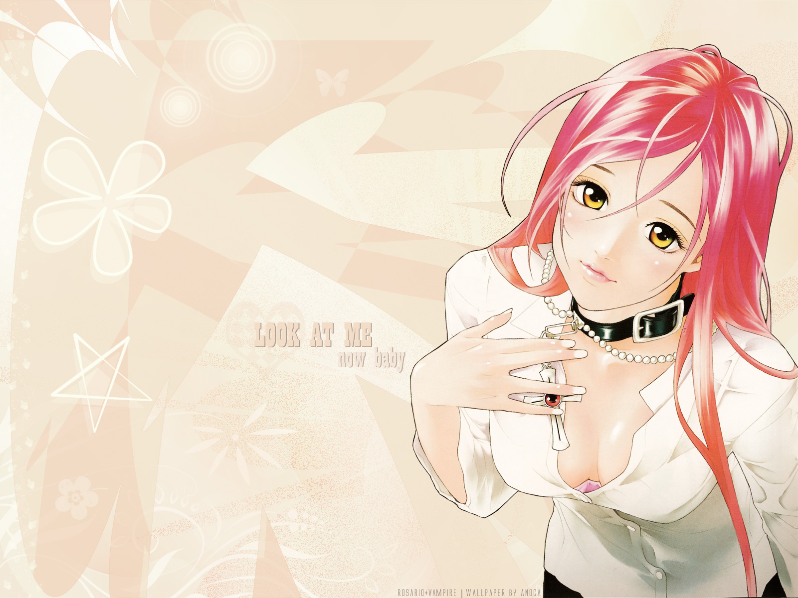akashiya moka, rosario+vampire, highres, 00s, breasts, cleavage, cross, long hair, pink hair, rosary, yellow eyes