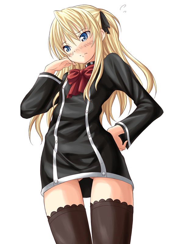 dekosuke, shalon, quiz magic academy, blonde hair, blue eyes, blush, no panties, solo, thighhighs