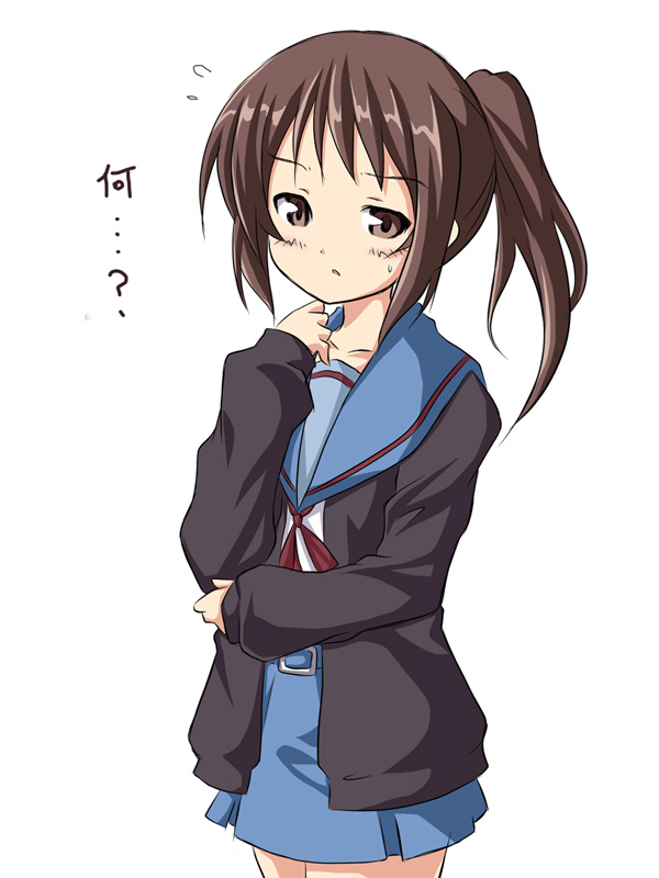 dekosuke, kyonko, suzumiya haruhi no yuuutsu, 00s, 1girl, brown eyes, brown hair, cardigan, female focus, genderswap, genderswap (mtf), ponytail, school uniform, serafuku, solo