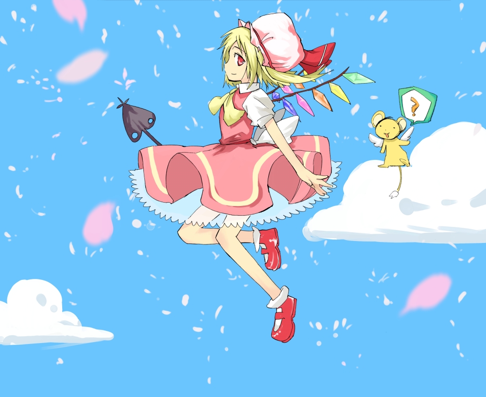 ogawa maiko, flandre scarlet, kero (cardcaptor sakura), kinomoto sakura, kinomoto sakura (magician), remilia scarlet, cardcaptor sakura, touhou, 1girl, ?, crossover, female focus, hat, look-alike, mary janes, mob cap, parody, ribbon, shoes, solo, wings