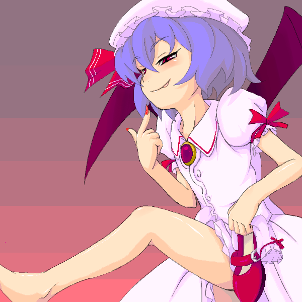 remilia scarlet, touhou, 1girl, clothes lift, female focus, hat, holding, holding shoes, holding unworn clothes, oekaki, pink hat, red shoes, ribbon, shoes, skirt, skirt lift, solo, unworn shoes, wings