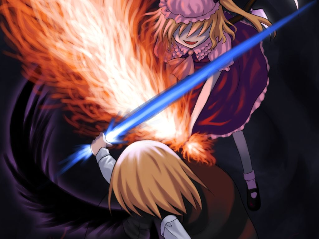 kagura mizuki, ex-rumia, flandre scarlet, rumia, embodiment of scarlet devil, touhou, 2girls, angel wings, ascot, back, battle, black skirt, black wings, blonde hair, covering own eyes, dark background, energy sword, female focus, fire, frills, full body, hair over eyes, hat, laevatein, long sleeves, mary janes, mob cap, multiple girls, puffy short sleeves, puffy sleeves, ribbon, shoes, short hair, short sleeves, skirt, socks, sword, weapon, wings, yellow ascot