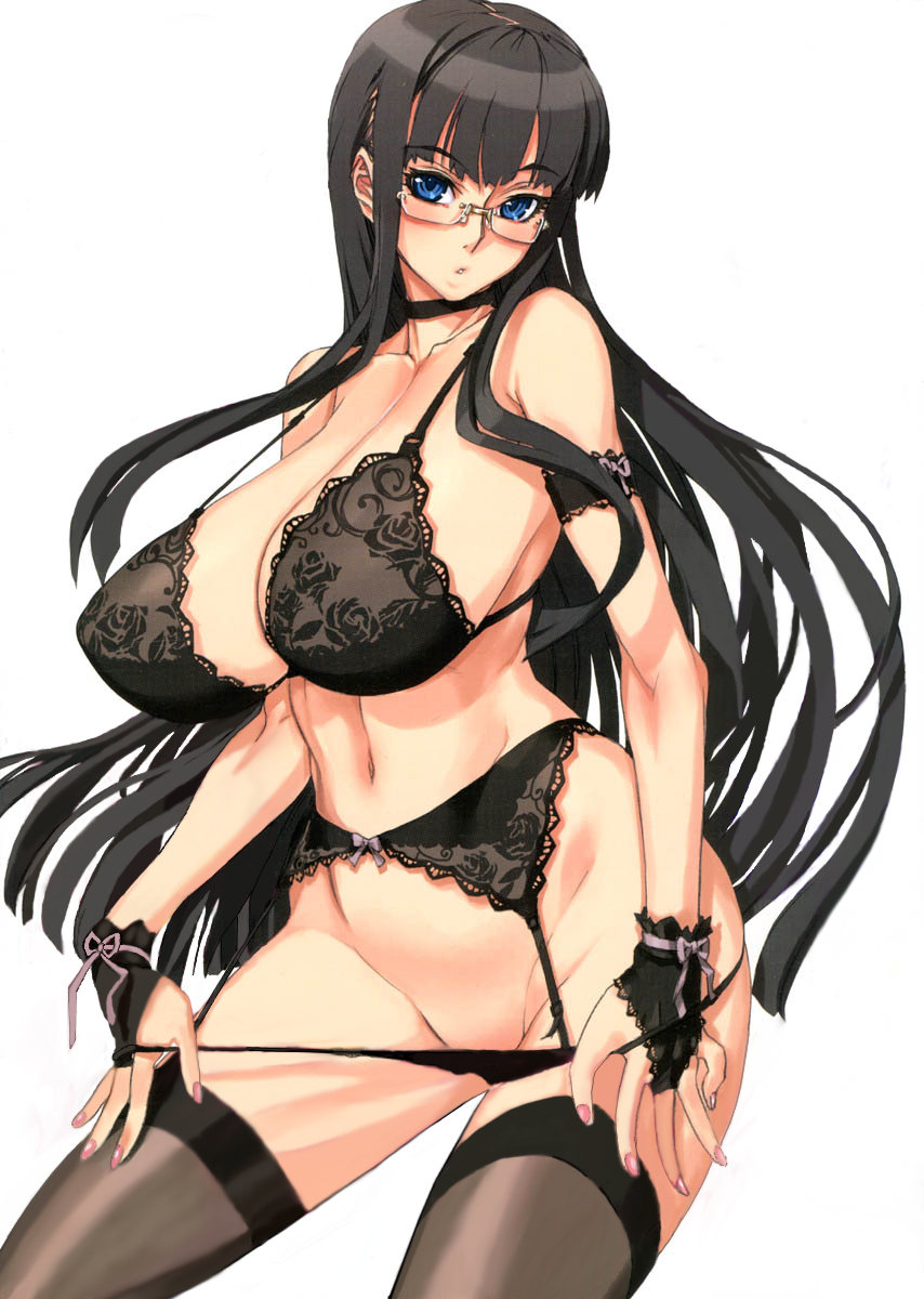 vrkdh, original, highres, 1girl, black hair, blue eyes, bra, breasts, cleavage, female focus, garter belt, glasses, groin, huge breasts, lingerie, panties, solo, thighhighs, underwear, underwear only