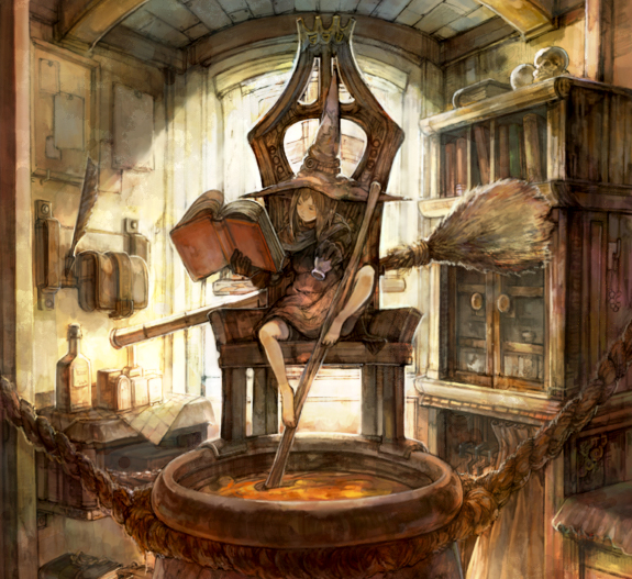 burari, light, pot, bad id, bad pixiv id, 1girl, barefoot, book, broom, female focus, hat, indoors, pole, sitting, solo, study, studying, window, witch, witch hat