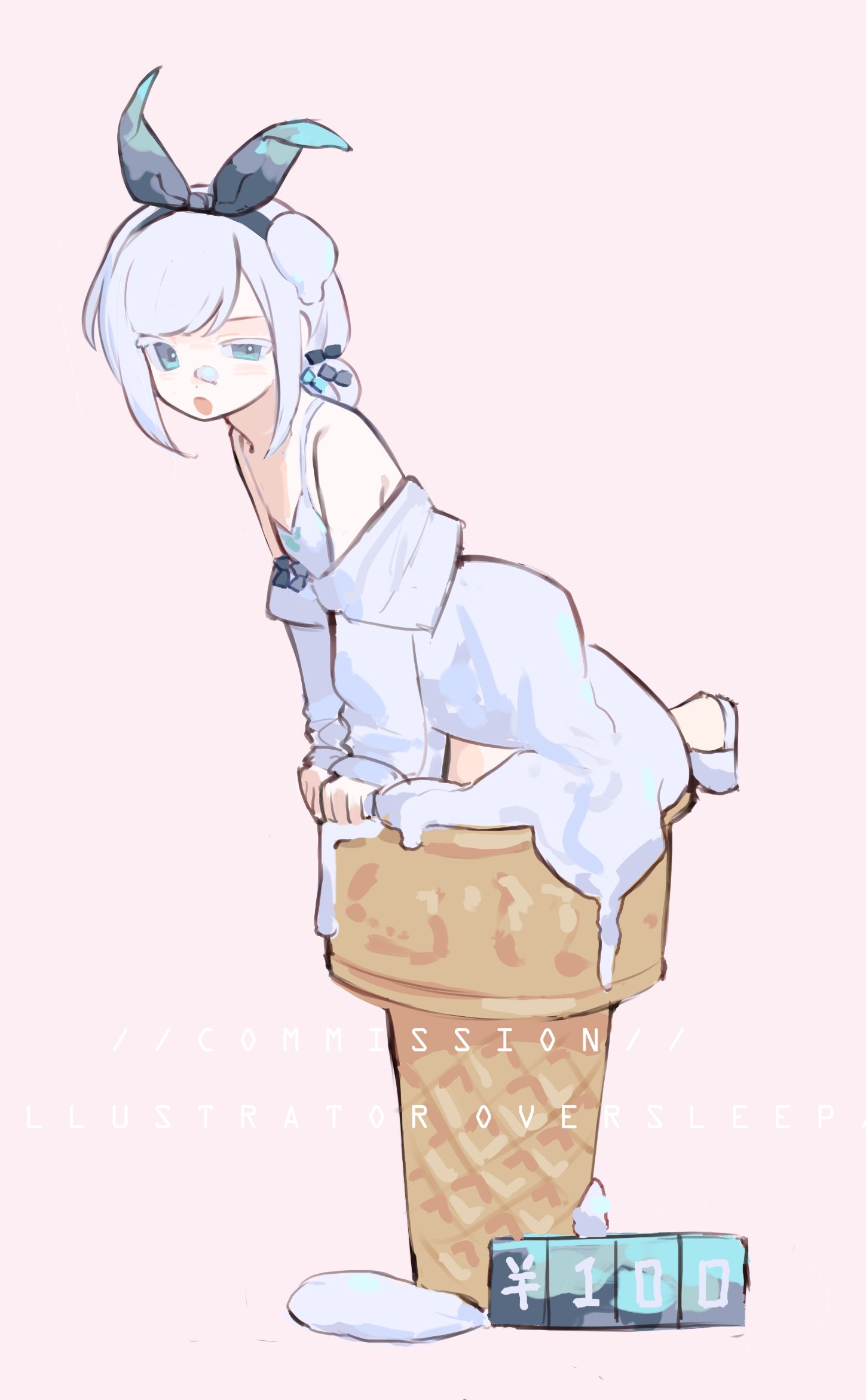 oversleep, original, highres, 1girl, bare shoulders, blue bow, blue eyes, blunt bangs, bow, dress, english text, food, hair bow, hairband, ice cream, ice cream cone, jacket, long sleeves, open clothes, open jacket, open mouth, pink background, price tag, seiza, sidelocks, simple background, sitting, sleeves past wrists, slippers, solo, white dress, white hair, white jacket