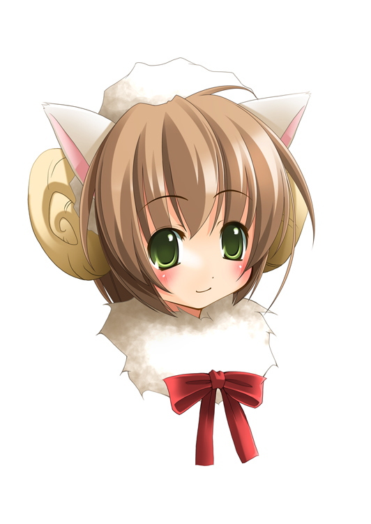 shibacha, original, tagme, animal ears, cat ears, horns, portrait, sheep ears, solo, white background