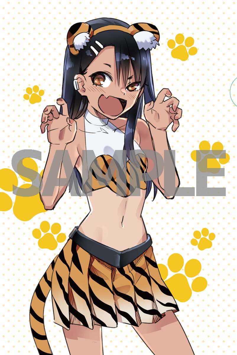 774 (nanashi), nagatoro hayase, ijiranaide nagatoro-san, highres, official art, 1girl, :d, animal ears, animal print, black hair, breasts, brown eyes, claw pose, earrings, fake animal ears, fake tail, fang, jewelry, long hair, looking at viewer, midriff, navel, one-piece tan, open mouth, orange skirt, polka dot, polka dot background, sample watermark, single earring, skin fang, skirt, small breasts, smile, solo, stomach, tail, tan, tanline, tiger ears, tiger girl, tiger print, watermark