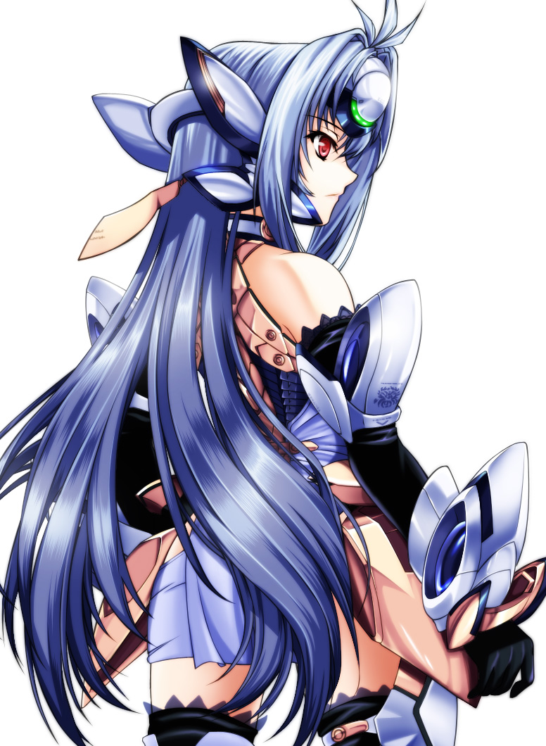 kos-mos, kos-mos ver. 4, xenosaga, xenosaga episode iii, 00s, 1girl, android, bare shoulders, blue hair, female focus, gloves, headgear, long hair, red eyes, solo, thighhighs