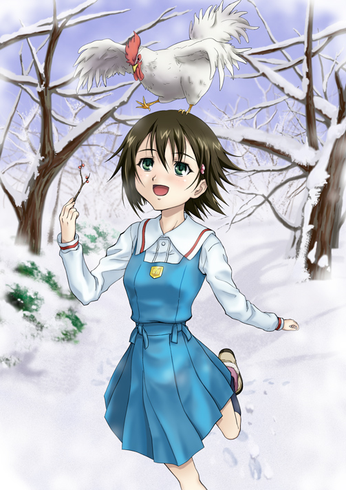 morisu, isurugi noe, jibeta, raigomaru, true tears, 1girl, bird, brown hair, chicken, green eyes, hair ornament, school uniform, serafuku, short hair, snow