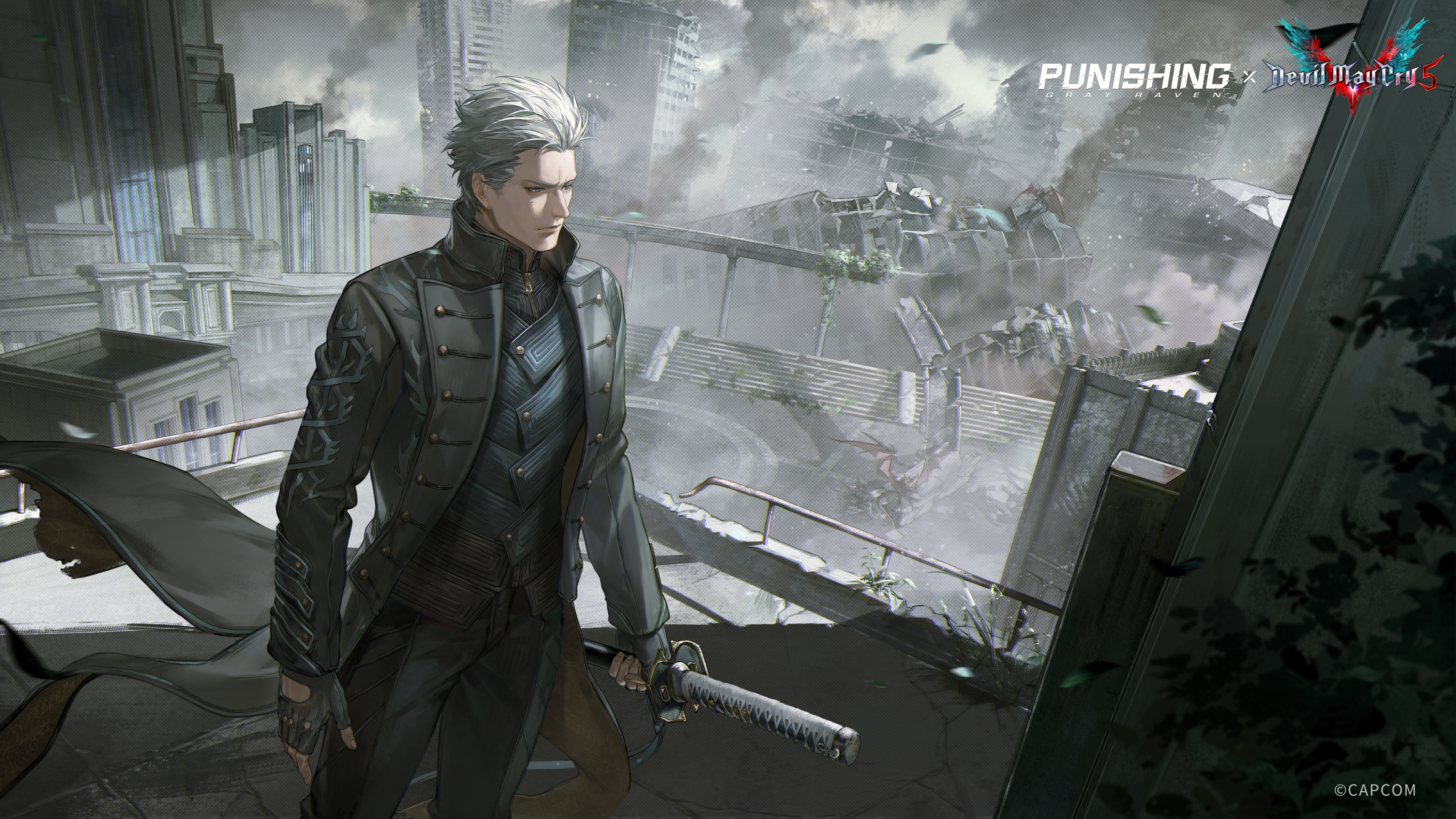 vergil (devil may cry), devil may cry (series), devil may cry 5, punishing: gray raven, absurdres, highres, official art, 1boy, belt, blue coat, blue eyes, closed mouth, coat, fingerless gloves, gloves, hair slicked back, holding, holding sword, holding weapon, katana, male focus, pants, short hair, solo, sword, weapon, white hair, yamato (sword)