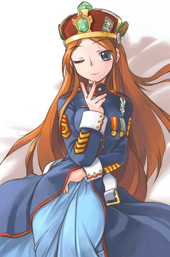 nakamura tetsuya, mari-tan, pixel maritan, bad id, bad pixiv id, 1girl, blue eyes, brown hair, crown, dress, female focus, hat, long hair, lying, medal, military, military uniform, one eye closed, orange hair, solo, wink